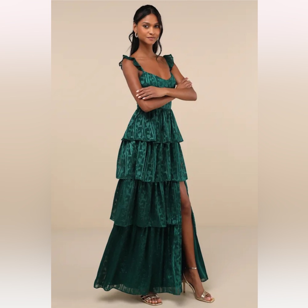NWT Lulus- Stunning Glory Hunter Green Floral Jacquard Tiered Maxi Dress Small - Picture 4 of 13